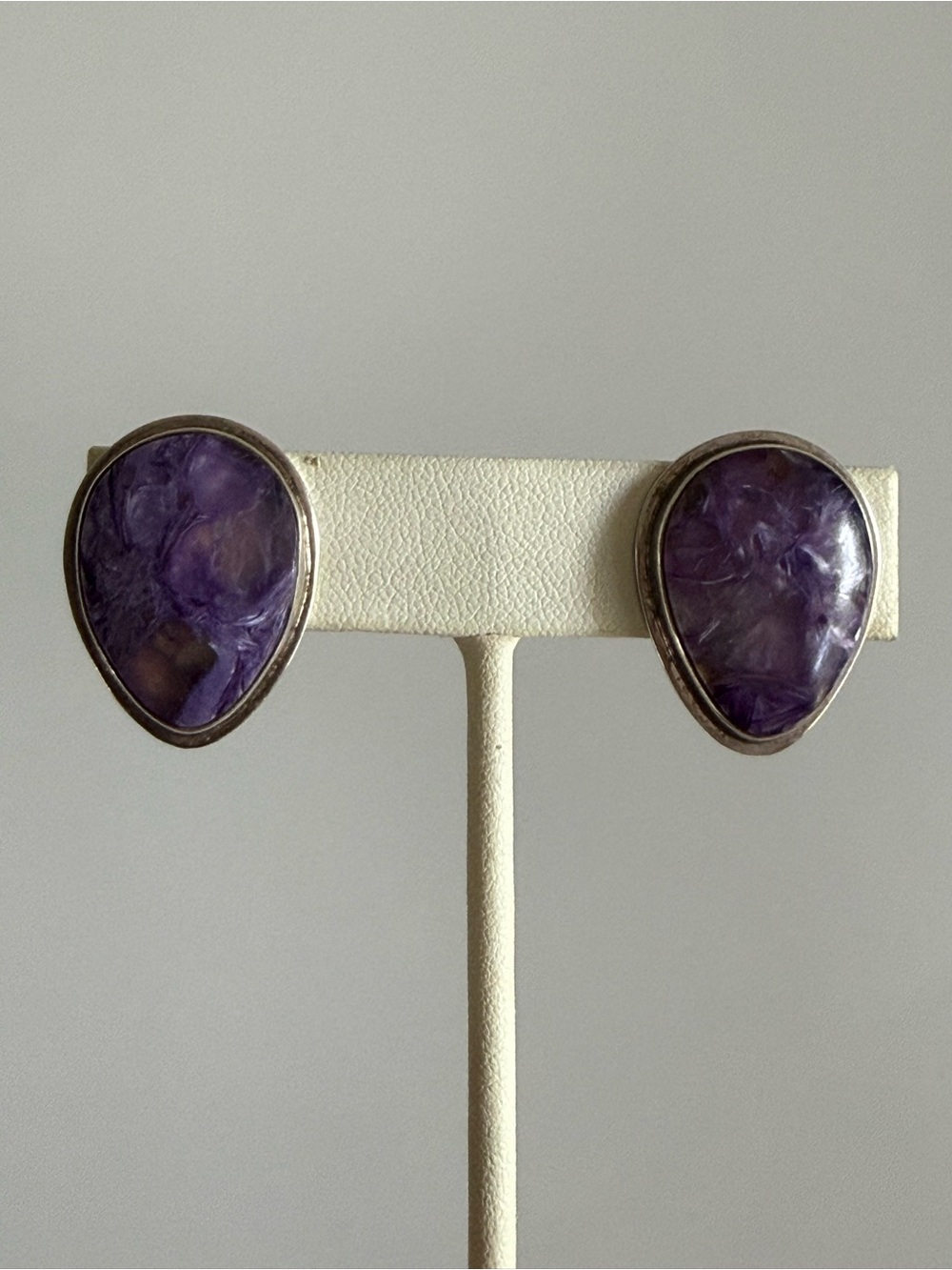 VTG 925 Mexico Purple Teardrop Stone Clip-On Earrings